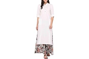 Ladyline Tunique longue Kurti Kurta pour femme en pur coton uni à manches 3/4, col roulé boutonné, poche, long Kurti Kurta
