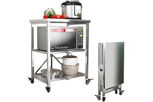 ‎HIYOUGO HIYOUGO Servierwagen mit Rollen, 3 Böden Faltbar Edelstahl Rollwagen Küchentisch, Edelstahltisc Mikrowellenhalter für Küche