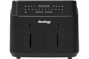 Devology Double Air Fryer, 9L, 2x4.5L Dual Zone, Air Fryer, 50 Recipe Cookbook, 12 Cooking Programs, Digital LED Display, Two Zone Airfryer,Healthy Oil-free Fryer, Non Stick, Dishwasher Safe Appliance
