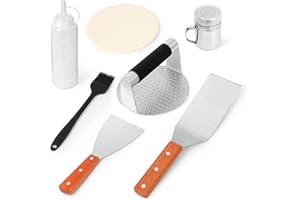 GELEWULD Kit de presse à hamburger, presse à hamburger, 2 spatules à grill, 1 bouteille à épices et bouteilles, 1 brosse en silicone et 100 feuilles de papier à galette, kit de barbecue pour barbecues,