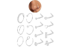 CASSIECA 14 Piezas 20G Piercing Nariz Acero Quirurgico Piercing Forma de L Nariz Studs Piercing Nariz Aro Hipoalergénico Anillos de Nariz Plata Oro Mujer Hombre Joyeria Piercing
