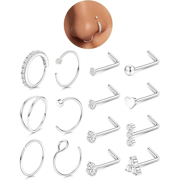 Lot De 10 Piercings Nez En Acier Chirurgical - Anneaux Et Clous L 20G, Zirconia, Pour Femmes Et Hommes - 14