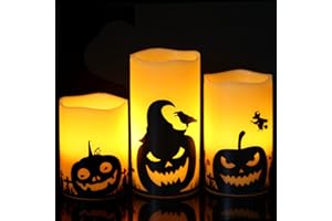 Eldnacele Halloween Flameless Candles, LED Flickering Battery Pillar Candles with 6H Timer and Pumpkin Decals, Spooky Fall Halloween Festival Party Decoration Set of 3 (D 3” x H 4” 5” 6”)