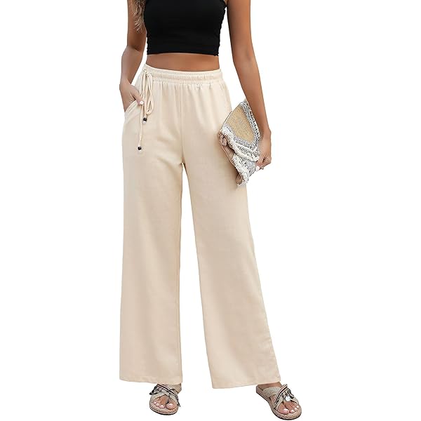 Pantalon Lin Femme Été Taille Haute - Pantalon Fluide Couleur Unie Avec