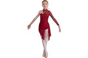 Freebily Vestito Danza Classica Ragazza con Pizzo Floreale Vestito da Pattinaggio Artistico Leotard Balletto Body Ginnastica Artistica Monospalla Costume da Ballo Latino