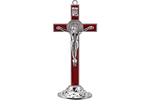 WENRITY 7.5 Inch Metal Enamel Saint Benedict Standing Crucifix Removable Base Glow in The Dark Crucifix Wall Cross Home Altar Christian Chapel Decor Religious Gift (Red)