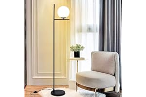 Depuley Lampa stojąca LED do salonu, czarna ze szklaną kulką i przełącznikiem nożnym, oprawka E27, ochrona oczu, nowoczesna lampa stojąca do sypialni, biura, jadalni, hotelu (żarówka w zestawie)