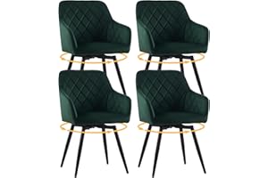 LEMROE 360° Swivel Dining Chairs Set of 4 Velvet Upholstered Kitchen Counter Accent Chair Ergonomic with Backrest Arms Metal Legs for Home Office Living Bedroom (4, Green)