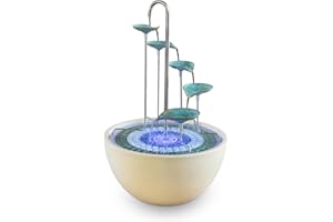 HYDRIA Large 45cm Verdigris Leaf Cascade Indoor Outdoor Water Feature, Battery Powered Fountain includes Glass Mosaic, Porcelain Bowl, Up to 100 Hours per Charge USB Charging, British Brand, Wireless