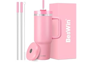 BESWIN 40 oz Tumbler with Straw and 2 Lids (2 in 1 & Leakproof Lid) - 1182ml Stainless Steel Double Wall Vacuum Insulated Cup Travel Mug with Handle - Keeps Cold for 32H / Hot 12H - Ideal Gifts for Women Men