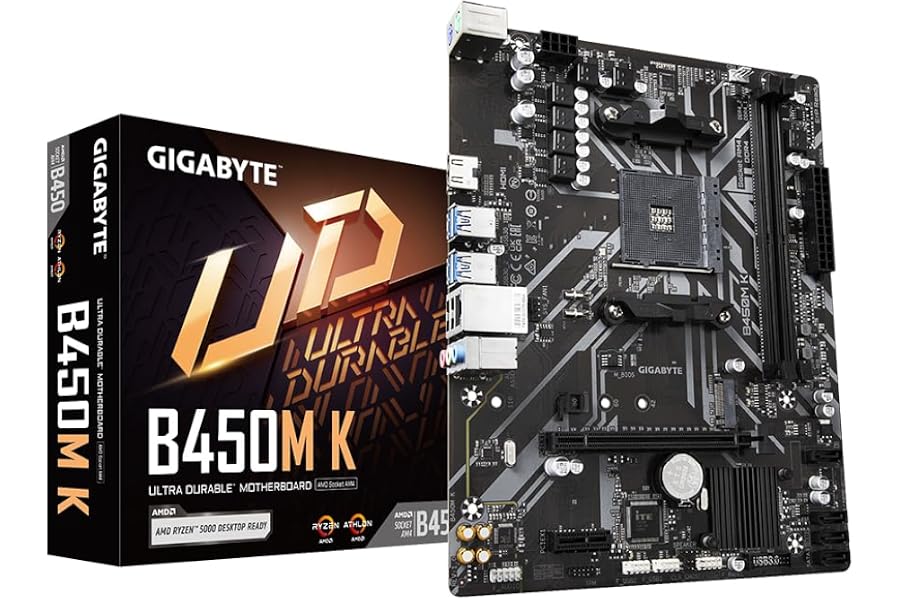 Amazon listing image: GIGABYTE B450M K Micro-ATX Motherboard – AMD AM4, DDR4 64GB, M.2, HDMI, USB 3.2, RAID Support
