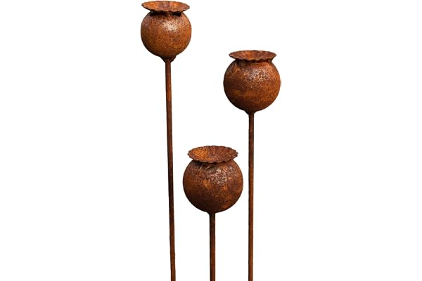 Lot de 3 piquets de jardin échinacée en métal rouille noble - Décoration de jardin - Tuteur de parterre - Piquet pour pot - Rouille naturelle (capsule de coquelicot)