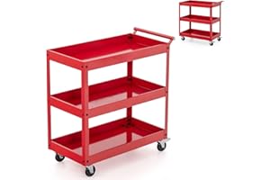 GiantexUK 2/3-Tier Tool Trolley, Metal Frame Utility Service Cart with 4 Wheels and Handle, Heavy Duty Rolling Storage Trolley for Office, Garage, Warehouse and Workshop (3-Tier, Flat Handle, Red)