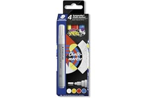 STAEDTLER Marker kredowy Lumocolor ART, kryjący, zmywalny na mokro, okrągła końcówka, szerokość linii ok. 2,4 mm, wysoka intensywność kolorów, 4 markery wapienne w różnych kolorach, 344 C4