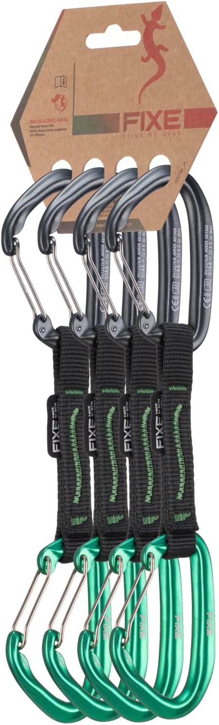 FIXE - Pack 4 Cinta Exprés Puput Wire para Escalada Deportiva y Vías Largas - Ligereza Extrema y Mosquetones Wire - Aluminio 7075 - Poliamida - Color Gris/Verde