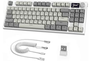 ATTACK SHARK RK86 Pro Wireless Klawiatura Mechaniczna 75%, Klawiatura do Gier z Tri-mode 2.4G/BT5.0/USB-C Cable, QWERTY TKL 87 Key, Wyświetlacz TFT HD 1,2'' i Pokrętło CNC, RGB Backlit Hot-Swap Linear Switch-Grey