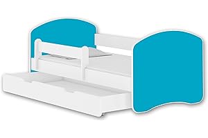 ‎ACMA Jugendbett Kinderbett mit einer Schublade mit Rausfallschutz und Matratze Weiß ACMA II 140 160 180 (140x70 cm + Schublade, Weiß - Blau)
