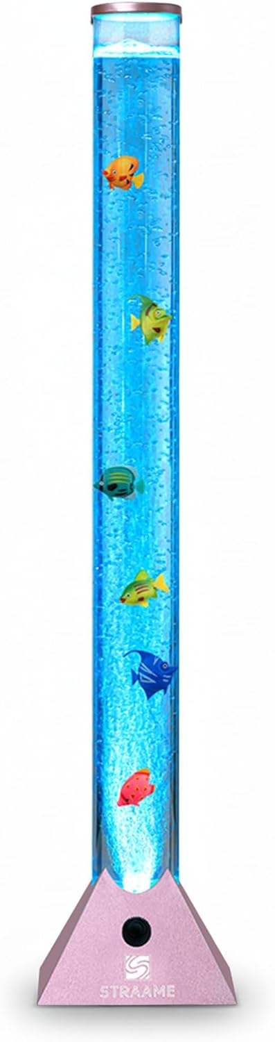 Straame 90cm Bubble Fish Lamp, Colour Changing LED Light, Sensory Room Decor & Mood Lamp, Includes Artificial Tropical Fish, Adjustable Bubble Tube, Plug-in Power, Rose-Gold Base