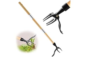 KEBMCHN Deshierbador Manual de 1.1 m con Mango de Madera | Arrancador de Dientes de León con 4 Garras de Metal y Pedal | Deshierbador de Pie para Césped | Herramienta de Jardinería Segura para Mascotas