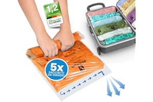 PACKDUDE Sacchetti Sottovuoto Vestiti Viaggio da Arrotolare I 5 PEZZI I Dim.: 1x 70x50cm/ 2x 60x40cm/ 2x 50x35cm I Buste Sottovuoto Vestiti da Viaggio senza Valvola I Sacchetti Sottovuoto Viaggio