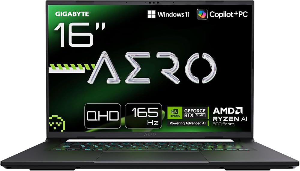 GIGABYTE AERO X16 Slim Gaming Notebook, 16 inç 165Hz QHD 16:10 IPS Ekran, NVIDIA GeForce RTX 5060 8GB 85W, AMD Ryzen AI 7 350, 16GB DDR5 RAM, 1TB SSD, Windows 11 Home