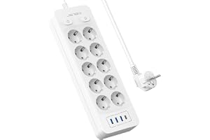 JSVER USB Power Strip med 10 Uttag och 4 USB-laddningsportar (5V/3.1A/15.5W), Överspänningsskydd för Förlängningsuttag med Om