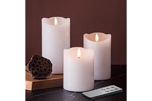 Eywamage White LED Pillar Candles with Remote, Flickering Realistic Flameless Battery Candles Lights Set of 3
