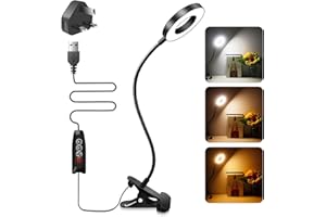 Akynite 7W Clip Desk Light with USB Adapter, 48 LED Bedside Reading Lamp Dimmable, 3 Colors Changing & 10 Brightness, Gooseneck Clip Bed Light for Bedroom, PC Lamp for Desk, Black