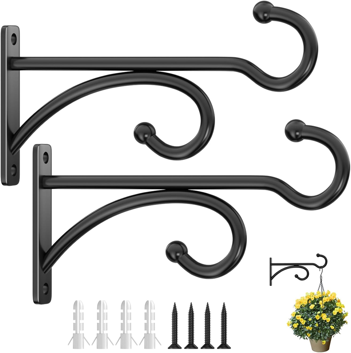2 Pcs 15cm (6 Inches) Planter Hooks for Hanging Plants - Plant Hanger Hook Indoor Outdoor, Plant Wall Hooks, Brackets for Hanging Plants, Baskets, Wind Chime, Bird Feeder, Bird House (Black, Metal)