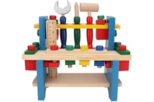Zerodis Kids Wooden Workbench Simulation, Pretend Play Wood Work Station Toys Tools DIY Set Toy Engineering Early Education Puzzle Game