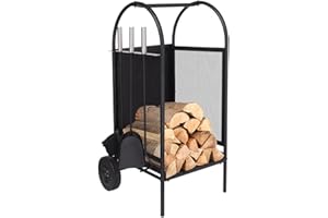 ART TO REAL Brennholz Warenkorb mit Rädern,Brennholzregal Innen Firewood Log Rack mit 3 Tools Kamin Log Carriers Inhaber schwarz Schmiedeeisen Kaminholzwagen mit Rädern