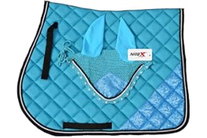 NASX Sports Luxury Saddle Pad with Matching Diamante Fly Veil Set Ear Bonnet Padded (FULL, BLUE)