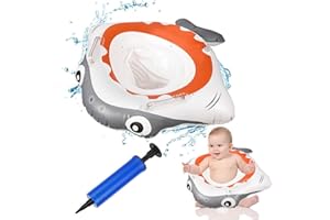 Vspek Baby Swimming Ring with Detachable Canopy Sun Protection, Shark Inflatable Swimming Float PVC Safety Aid Float Seat Circle Swim Float Boat with Inflator and Handle for Age 6 Months to 3 Years