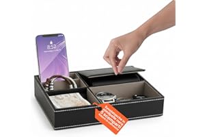 Avilia – Svuotatasche in Similpelle Nera con 5 Scomparti, Organizer da Tavolo Multifunzionale per Camera, Ingresso e Ufficio, Vassoio Portaoggetti Elegante Design Moderno e Interno in Camoscio