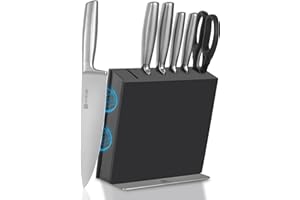 ZUNMARK Set Coltelli da Cucina 7 Pezzi con Blocco Magnetico Legno e Coltelli Chef Professionali - Acciaio Inossidabile Full Tang, Manico Monolitico e Lavabile in Lavastoviglie