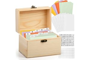 CENBEN Index Card Box Set, Wooden Index Card Holder with 100Pcs Cards, Revision Flash Cards Storage Box with 30 White Dividers, 1 Blank Sticker and 1 Letter Sticker