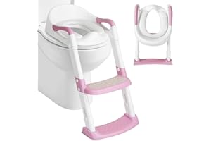 DEANIC Potty Training Toilet Seat, Toddler Toilet Seat and Step for Boys Girls, Kids Toilet Seat with Ladder, Splash Guard Toilet Steps with Soft Cushion for Toddlers Childs (Pink)