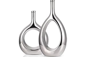 LCCCK Set di 2 Vasi Moderni Decorativi in Ceramica Placcato Argento, Vaso Dorato con Design Aperto Centrale, Centrotavola Elegante per Soggiorno, Sala da Pranzo, Camera da Letto e Ingresso - Altezza 30.5 cm