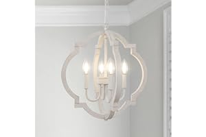 ‎LYNPON LynPon 4 Lichter Weißer Holz Kronleuchter, Bauernhaus Rustikale Französische Hängelampe Antik Klassisch für Esszimmer, Schlafzimmer, Wohnzimmer, Küche