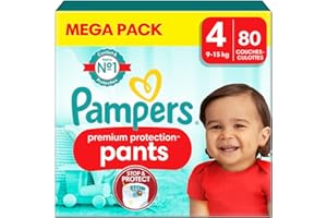 Pampers Premium Protection Couches-Culottes Taille 4, 80 Culottes, 9Kg - 15Kg, Culottes Pampers N°1 pour le Confort et le Maintien, Facile À Enfiler