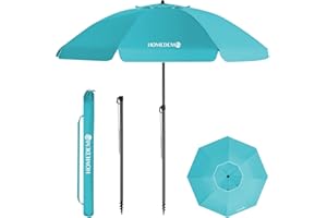 HOMEDEMO Sonnenschirm Strandschirm, Ø 180 cm Gartenschirm Marktschirm, Terrassenschirm mit Bodenhülse & Drehstange & Schutzhülle, Türkis rund UV50+ Schutz Sonnenschutzschirm