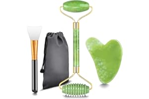 Jade Roller Visage et Gua Sha Masseur, Rouleau de Jade Double Extrémité et Pierre de Massage Naturelle avec Sac de Rangement pour Anti-âge Anti-rides