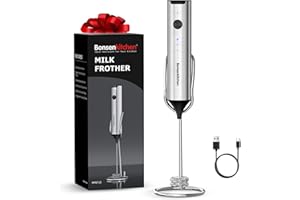 Bonsenkitchen Milk Frother Handheld with Stainless Steel Stand, Rechargeable Coffee Whisk with Dual-Layer Frother Head，3-Speed Electric Foam Maker for Latte, Cappuccino, Hot Chocolate, Matcha, Silver