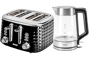 Geepas 4 Slice Bread Toaster & 1.7L Illuminating Electric Glass Kettle Combo Set | 1750W Toaster, 7 Level Browning Control | 3000W Cordless Glass Jug Kettle, Auto Shut Off & Boil Dry Sensor | Black