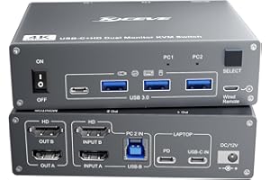 ESKEVE Przełącznik KVM 4K 60Hz USBC HDMI KVM 2 PC 2 monitory do 1 laptopa i 1 komputera stacjonarnego, podwójny monitor KVM przełącznik z 4 portami USB 3.0, ładowanie 73 W PD, z pilotem zdalnego sterowania