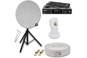 PremiumX Camping Satelliten-Komplettanlage 45cm Satelliten-Schüssel Hellgrau SAT Single LNB Dreibein-Stativ Kabel HD TV Receiver