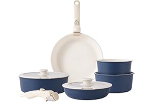 RIOVARM Zestaw garnków i patelni indukcyjnych ze zdejmowanymi uchwytami, rondel, nieprzywierający granit, możliwość układania w stos, z silikonowymi pokrywkami, nie zajmują dużo miejsca, bez PFOA