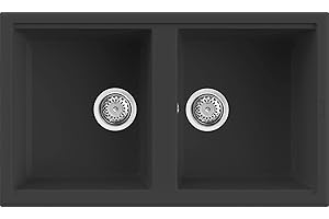 Evhoc Lavello Cucina Sopratop ADHOC M, 2 Vasche, Lavandino Doppia Vasca in Kuarzite, Piletta Inclusa, Made in Italy, Nero, 86x51 cm