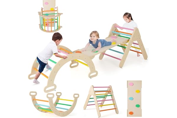 COSTWAY 7 en 1 Triangle d'escalade Montessori Enfants avec Rampe Réversible, Arc d'escalade Montessori ou Bascule en Bois de Hêtre, Charge Max 50KG pour Glisser ou Grimper pour Bébé de 1 an+