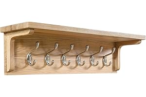 Hallowood Furniture Waverly Oak Coat Rack, Solid Wooden Wall Mounted Coat Hanger with 6 Metal Hooks for Jackets, Clothes & Hat, Light Oak Shelf with Hooks for Hallway, Entryway, and Living Room